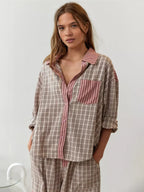 Women’s 2-Piece Pajama Set with Long Sleeve Button-Up Shirt and Trousers