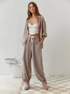 Women’s 2-Piece Pajama Set with Long Sleeve Button-Up Shirt and Trousers