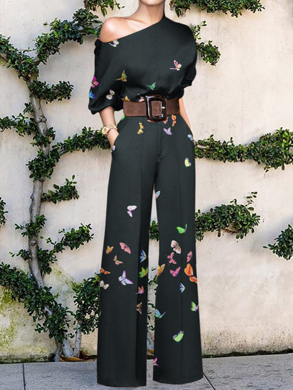 Women’s One-Shoulder Wide-Leg Jumpsuit with Artistic Print Design