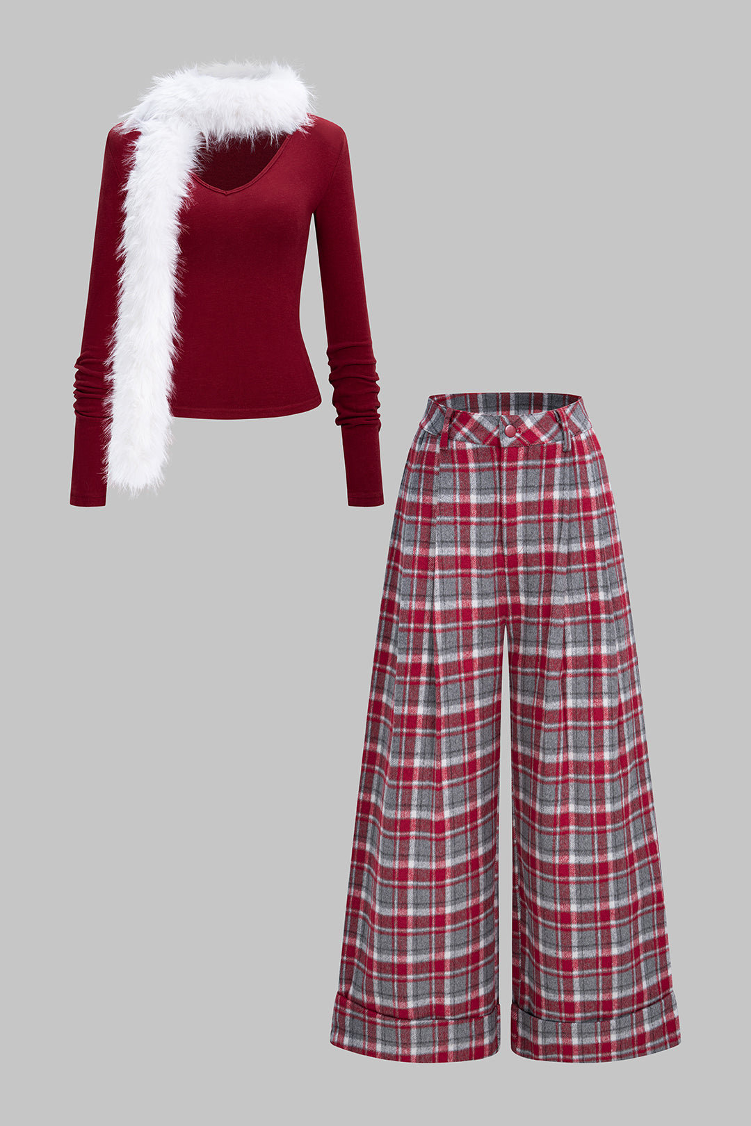 Red Plaid Wide Leg Pants Set