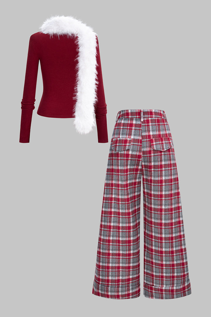 Red Plaid Wide Leg Pants Set