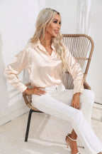 Women's Button-Down Satin Blouse - Long Sleeve V-Neck