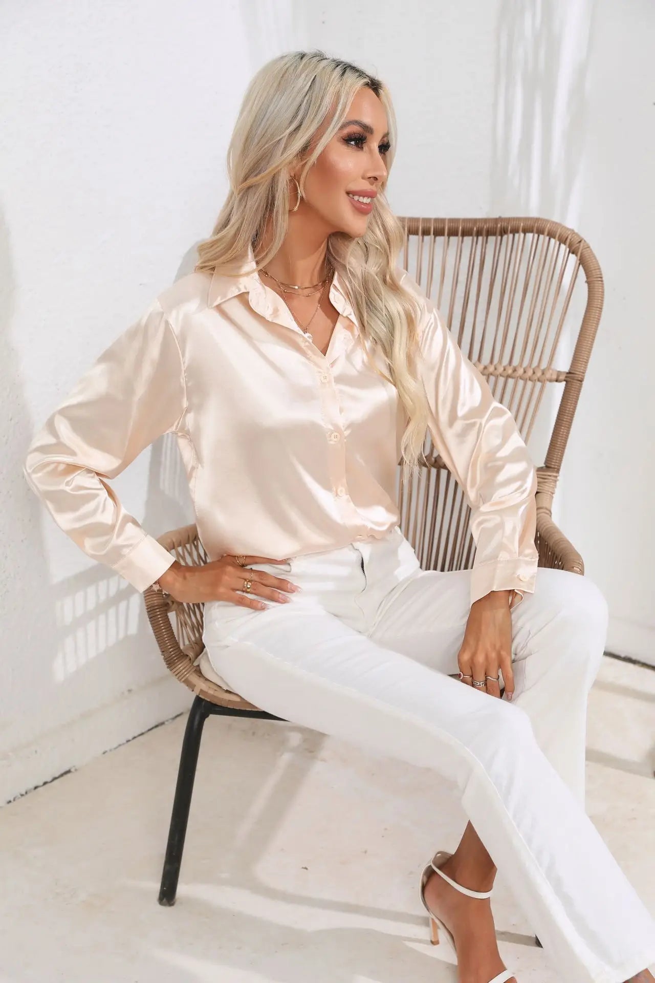 Women's Button-Down Satin Blouse - Long Sleeve V-Neck
