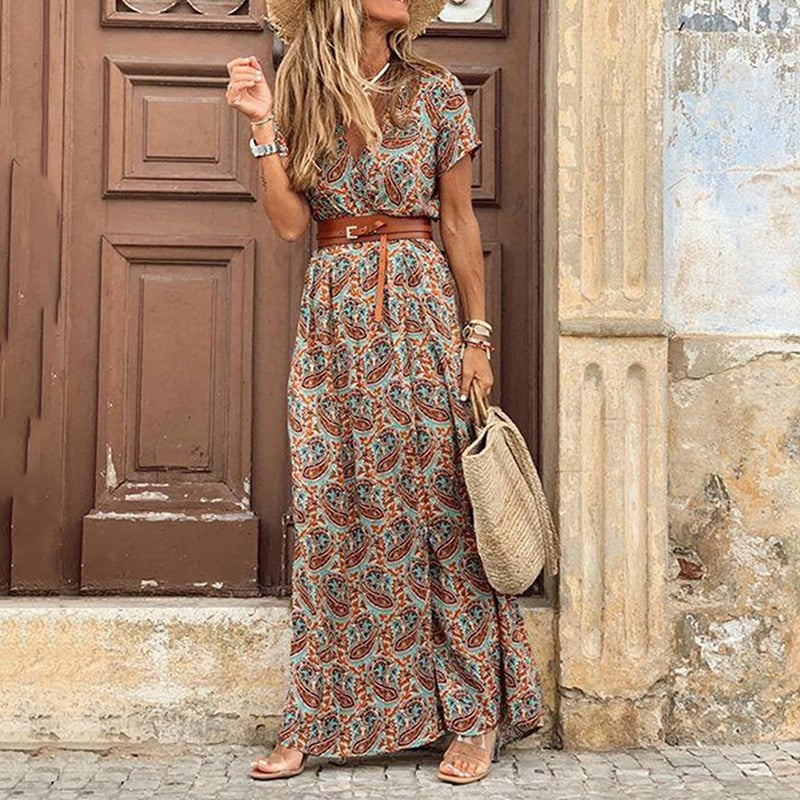 Women’s Bohemian Maxi Dress – Floral Print V-Neck