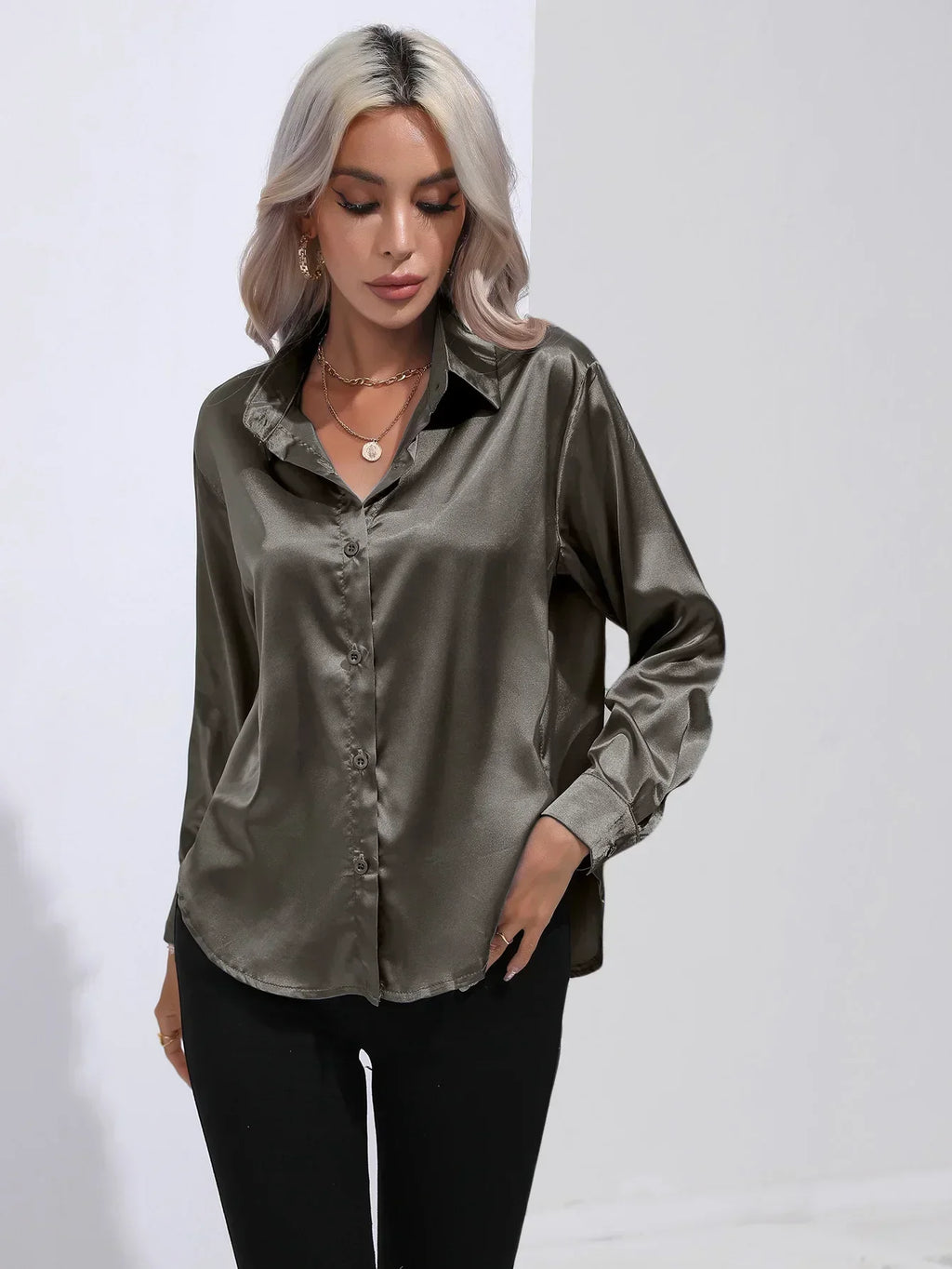 Women's Button-Down Satin Blouse - Long Sleeve V-Neck