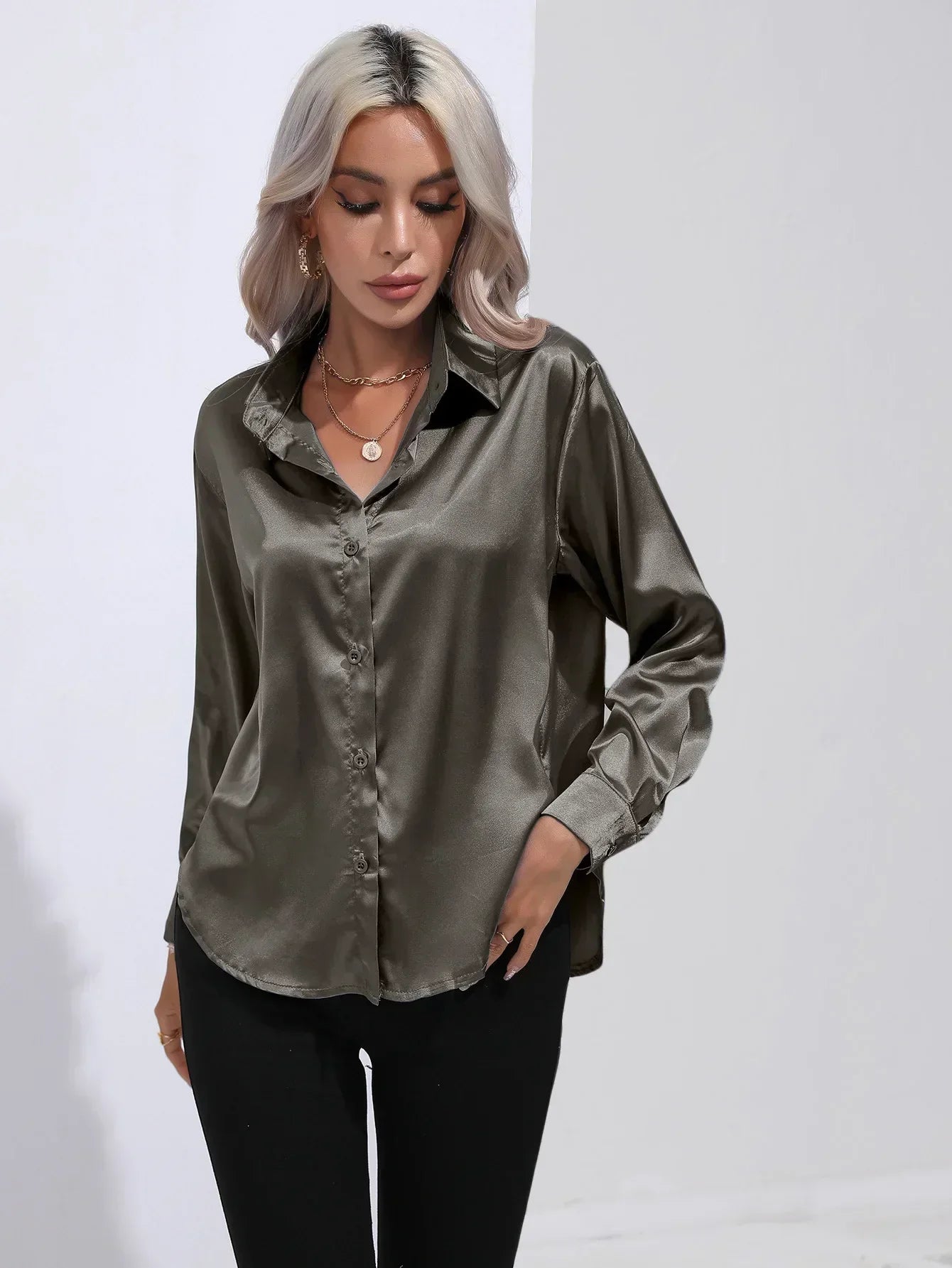 Women's Button-Down Satin Blouse - Long Sleeve V-Neck