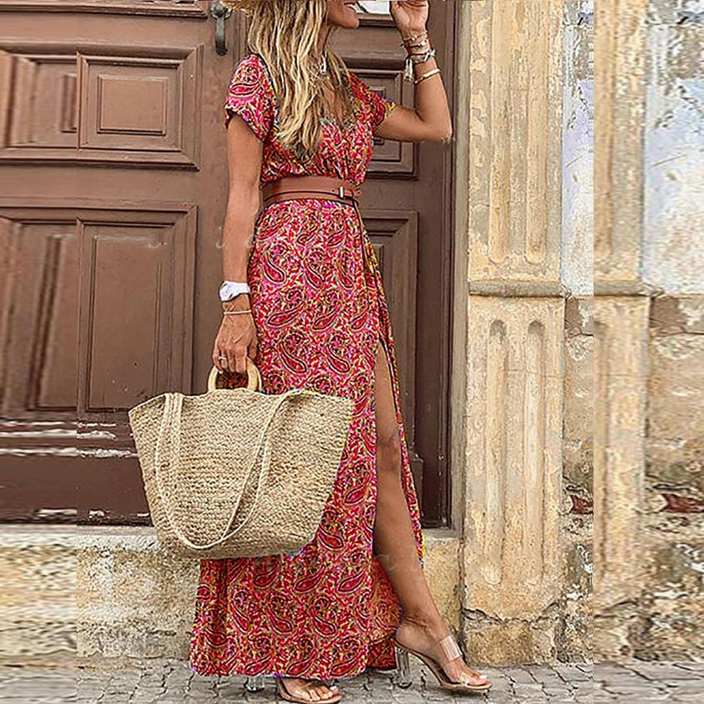 Women’s Bohemian Maxi Dress – Floral Print V-Neck