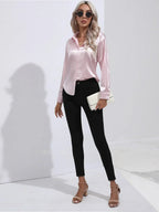 Women's Button-Down Satin Blouse - Long Sleeve V-Neck