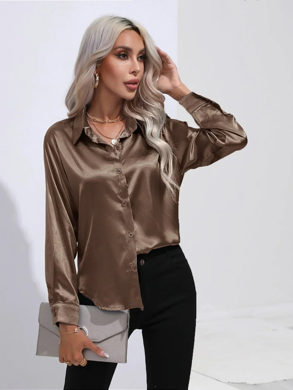 Women's Button-Down Satin Blouse - Long Sleeve V-Neck