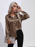 Women's Button-Down Satin Blouse - Long Sleeve V-Neck
