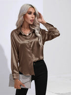 Women's Button-Down Satin Blouse - Long Sleeve V-Neck