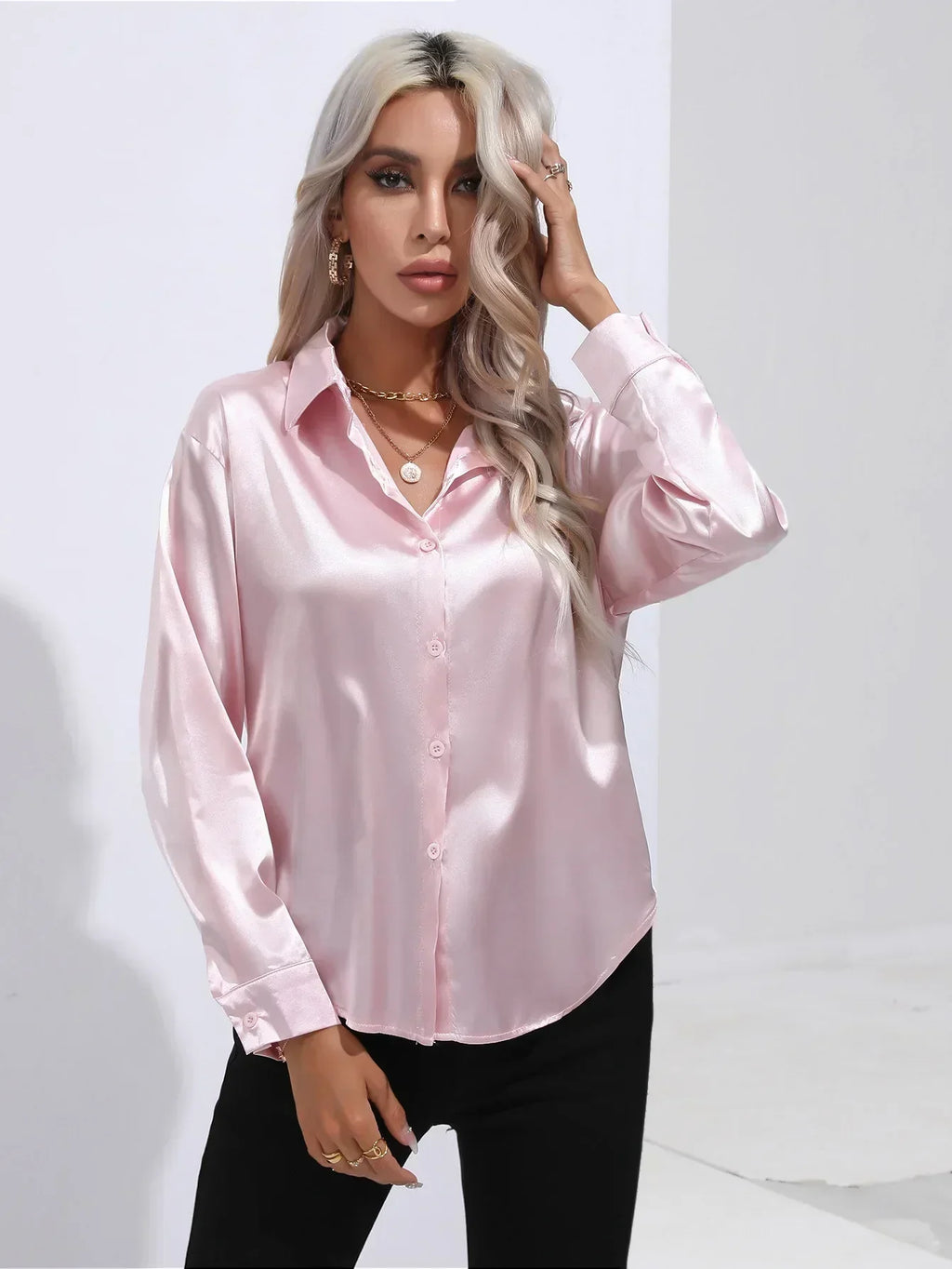 Women's Button-Down Satin Blouse - Long Sleeve V-Neck