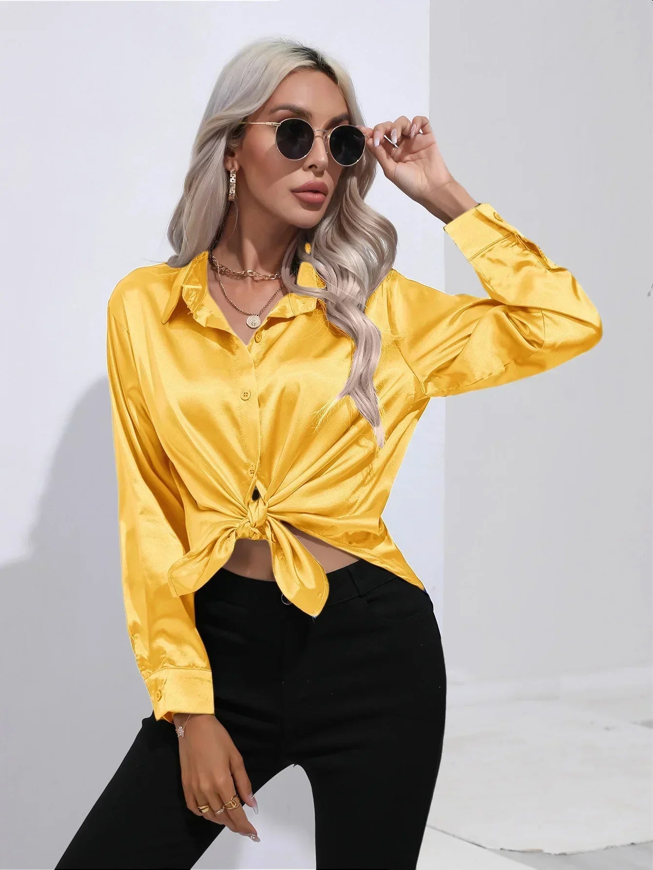 Women's Button-Down Satin Blouse - Long Sleeve V-Neck