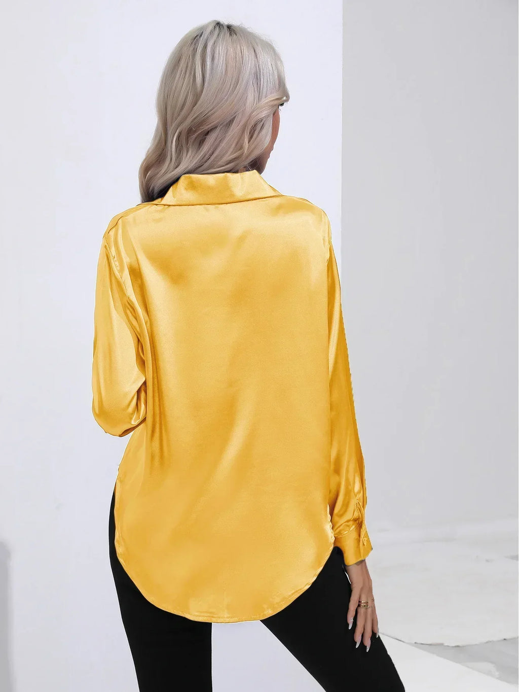 Women's Button-Down Satin Blouse - Long Sleeve V-Neck
