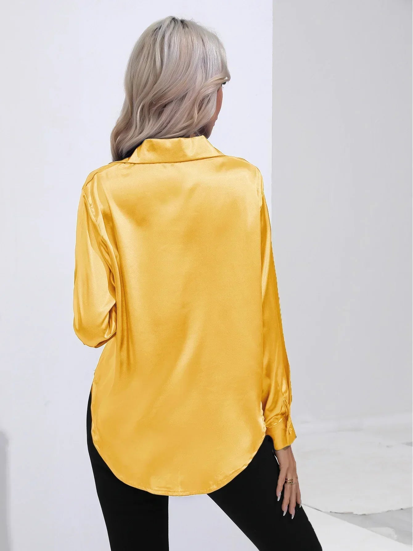 Women's Button-Down Satin Blouse - Long Sleeve V-Neck