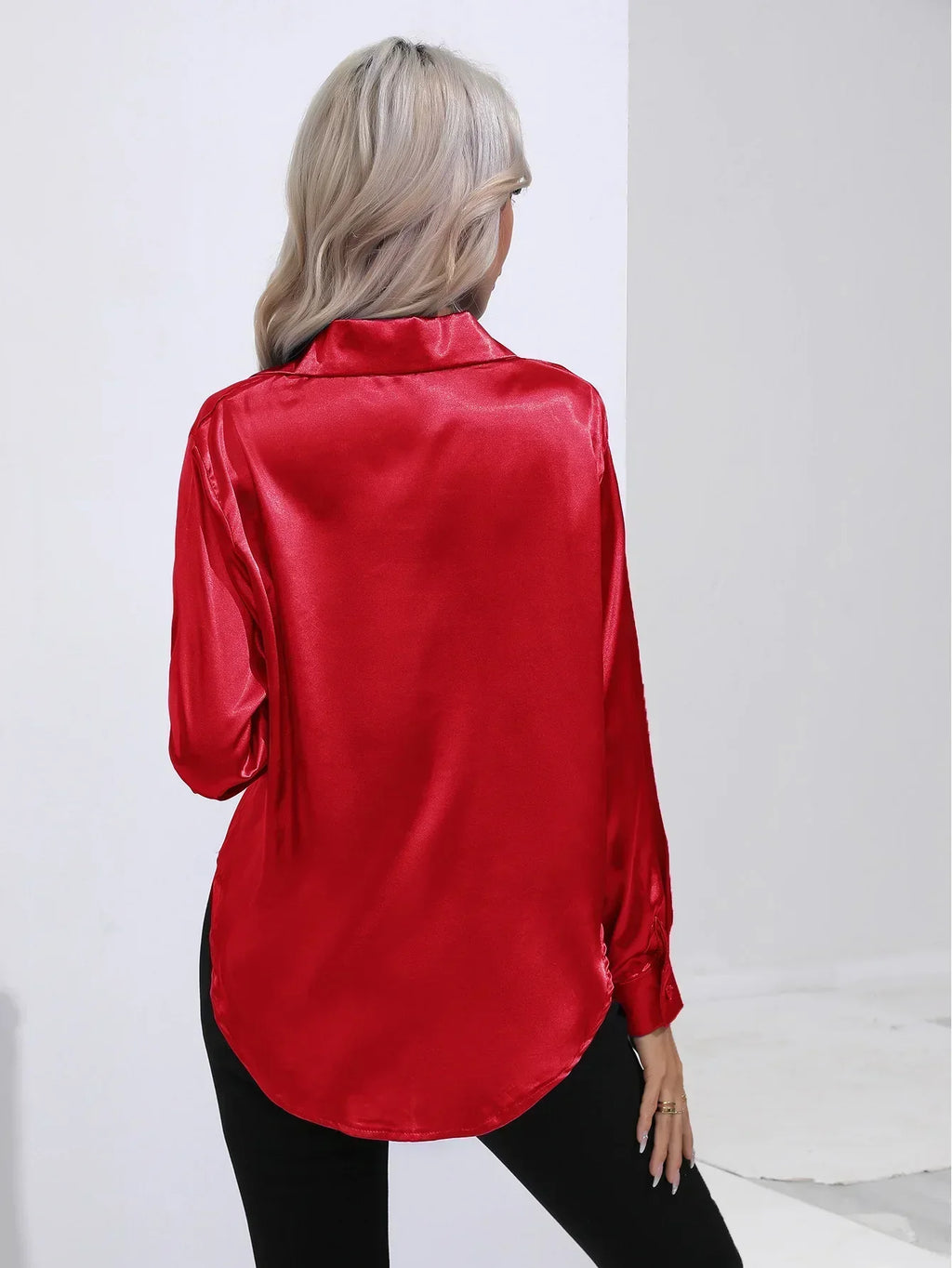 Women's Button-Down Satin Blouse - Long Sleeve V-Neck