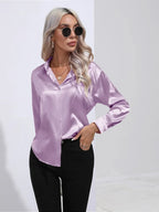 Women's Button-Down Satin Blouse - Long Sleeve V-Neck