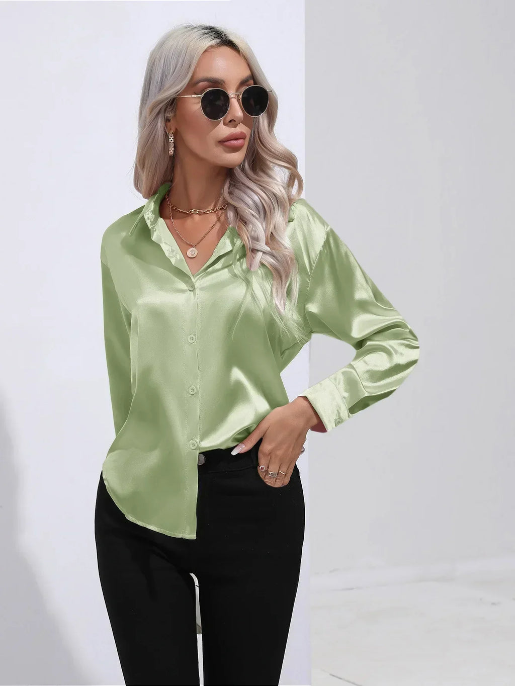Women's Button-Down Satin Blouse - Long Sleeve V-Neck