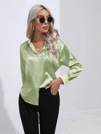 Women's Button-Down Satin Blouse - Long Sleeve V-Neck