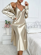 Women’s 2-Piece Pajama Set with Long Sleeve Robe and Slip Dress