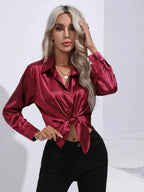 Women's Button-Down Satin Blouse - Long Sleeve V-Neck