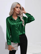 Women's Button-Down Satin Blouse - Long Sleeve V-Neck