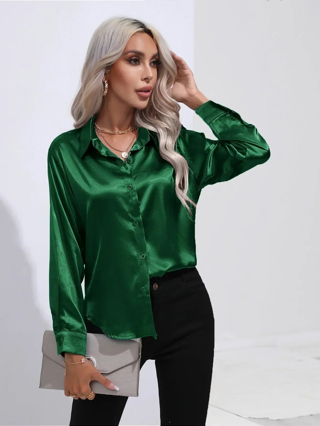 Women's Button-Down Satin Blouse - Long Sleeve V-Neck