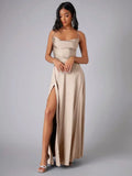 Women’s Maxi Evening Dress with Spaghetti Straps and High Slit