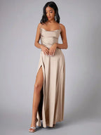 Women’s Maxi Evening Dress with Spaghetti Straps and High Slit