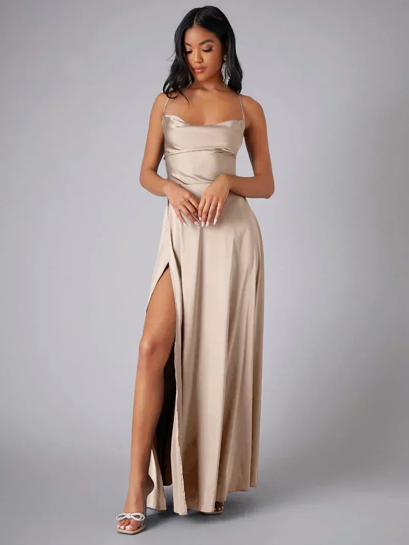 Women’s Maxi Evening Dress with Spaghetti Straps and High Slit
