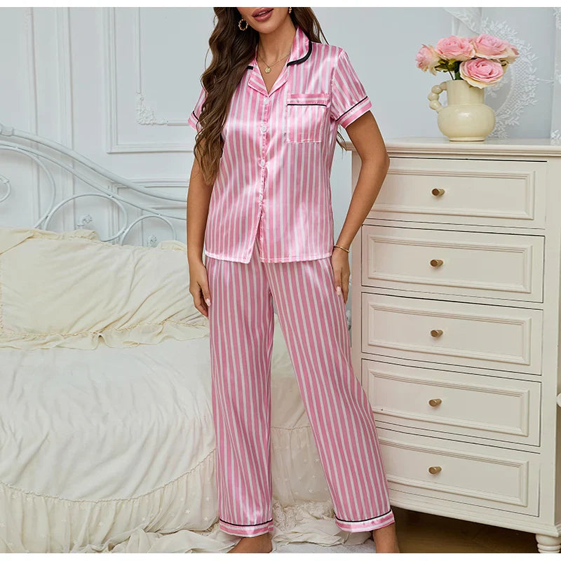 Women’s Pink Striped 2-Piece Pajama Set with Shirt and Trousers