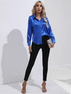 Women's Button-Down Satin Blouse - Long Sleeve V-Neck