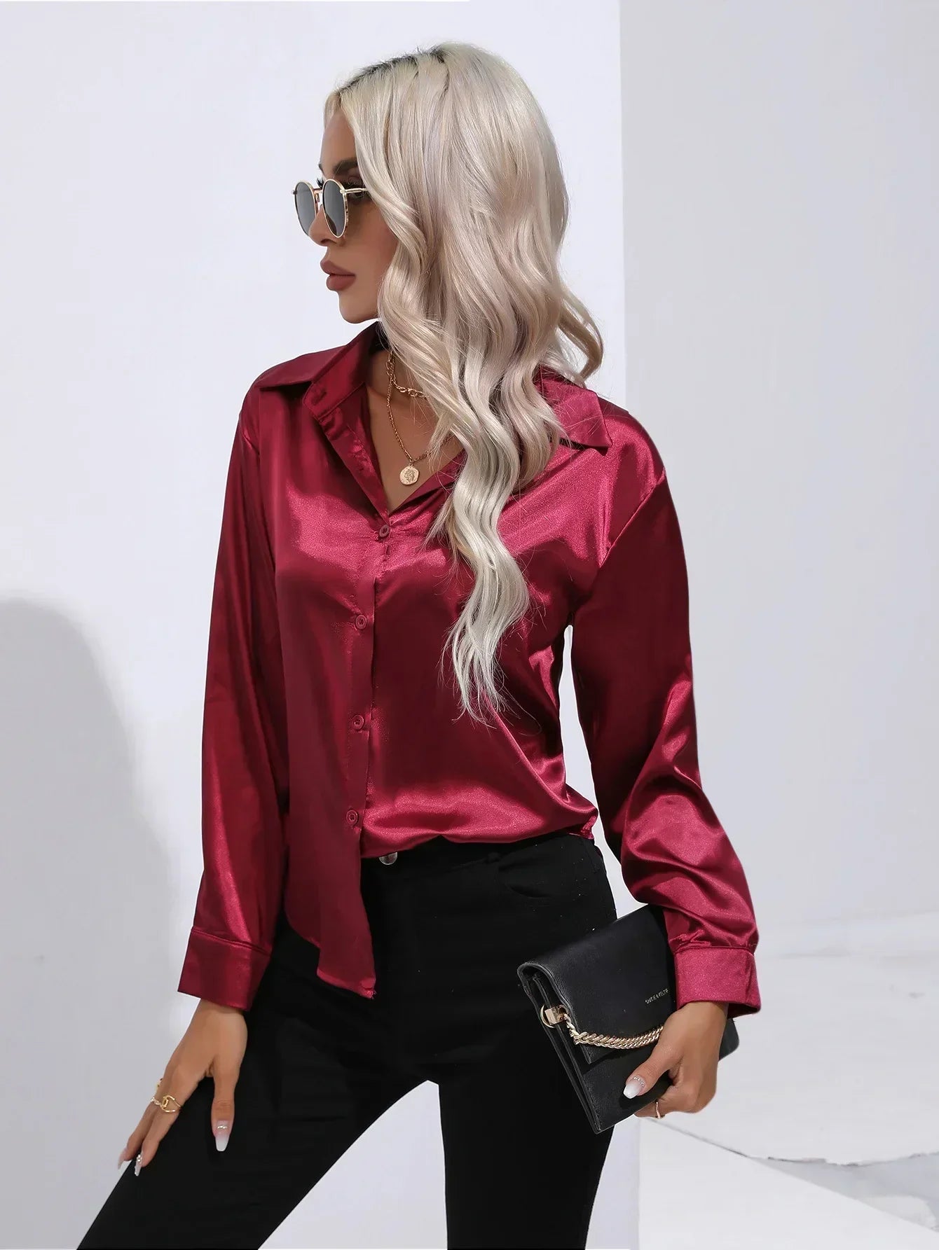 Women's Button-Down Satin Blouse - Long Sleeve V-Neck