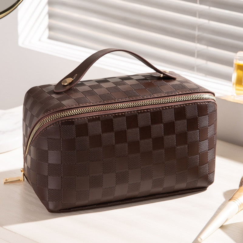 Large Checkered Travel Makeup Bag Organizer