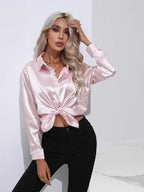 Women's Button-Down Satin Blouse - Long Sleeve V-Neck