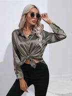 Women's Button-Down Satin Blouse - Long Sleeve V-Neck