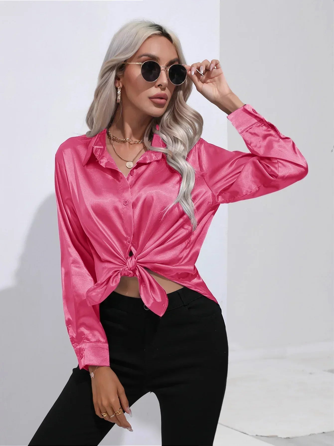 Women's Button-Down Satin Blouse - Long Sleeve V-Neck