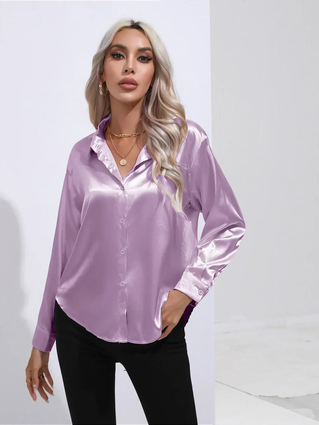 Women's Button-Down Satin Blouse - Long Sleeve V-Neck