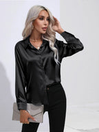 Women's Button-Down Satin Blouse - Long Sleeve V-Neck