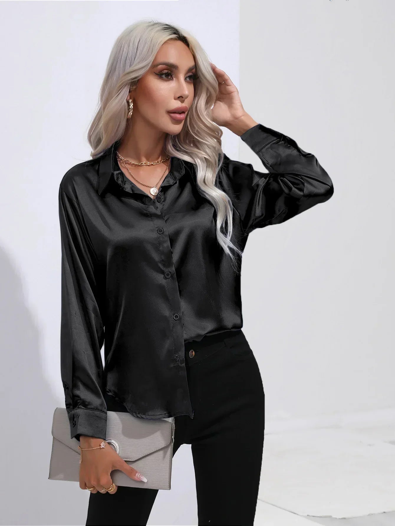 Women's Button-Down Satin Blouse - Long Sleeve V-Neck