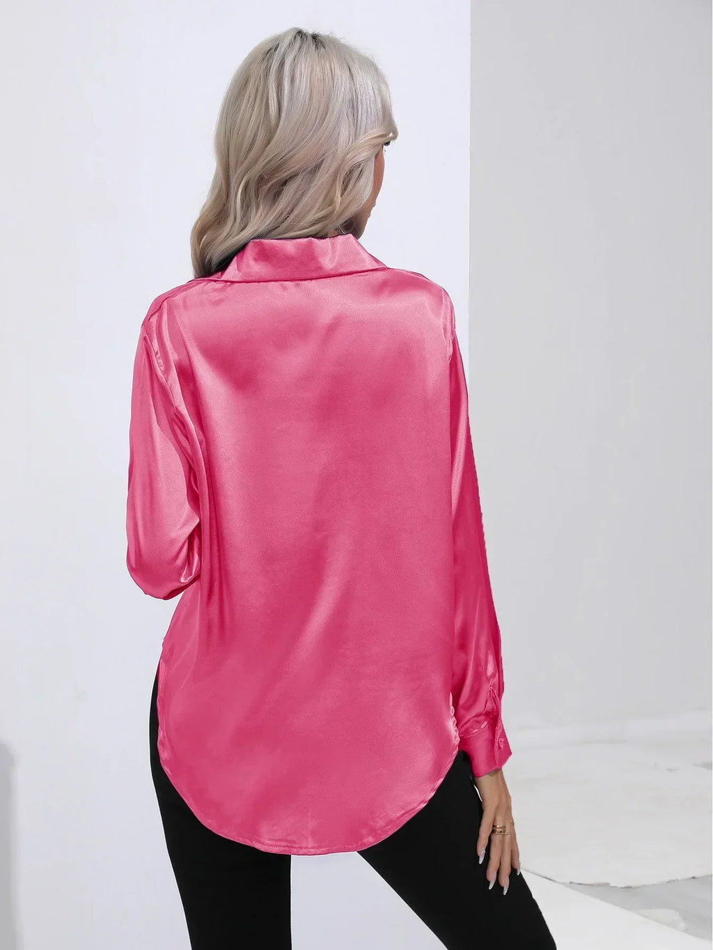 Women's Button-Down Satin Blouse - Long Sleeve V-Neck
