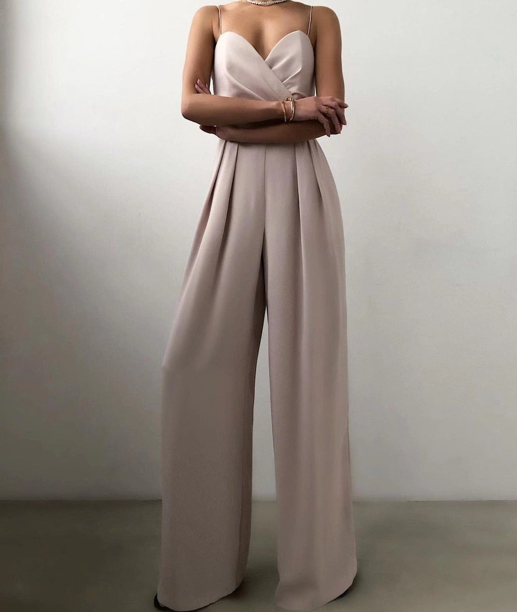 Women’s Spaghetti Strap Wide-Leg Jumpsuit with Wrap-Style Bodice