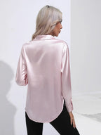 Women's Button-Down Satin Blouse - Long Sleeve V-Neck