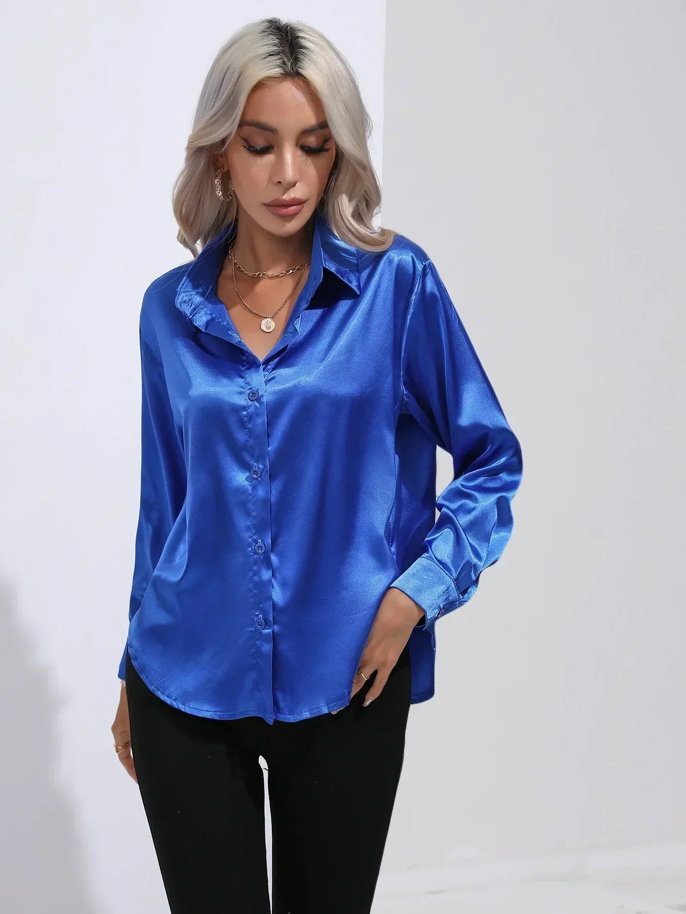 Women's Button-Down Satin Blouse - Long Sleeve V-Neck
