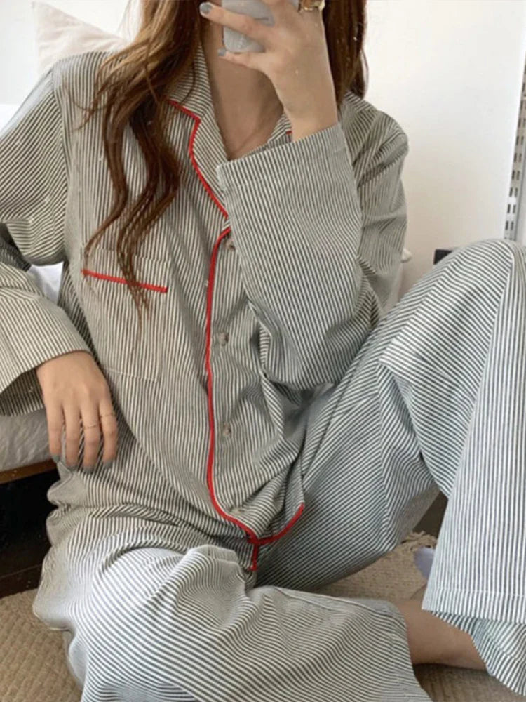 Women’s Striped 2-Piece Pajama Set with Button-Up Shirt and Trousers