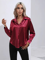 Women's Button-Down Satin Blouse - Long Sleeve V-Neck