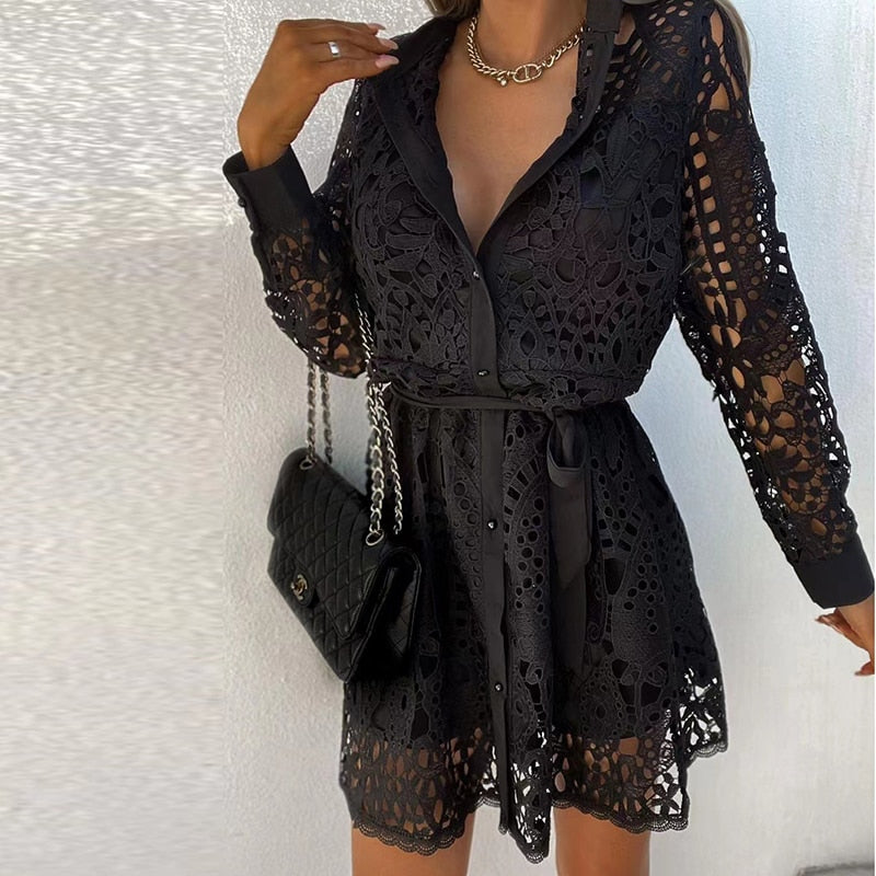 Women's Long Sleeve V-Neck Lace Dress