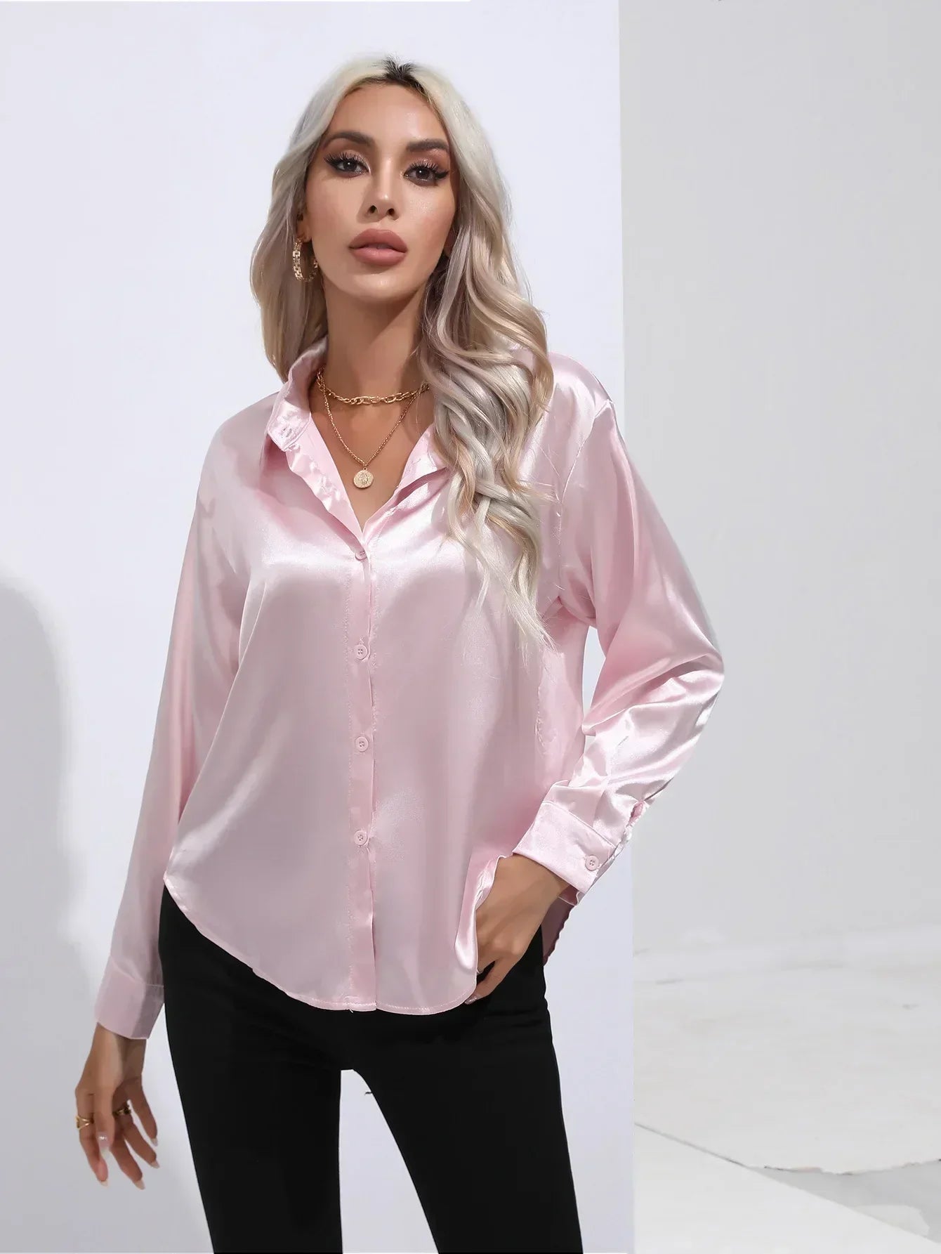 Women's Button-Down Satin Blouse - Long Sleeve V-Neck