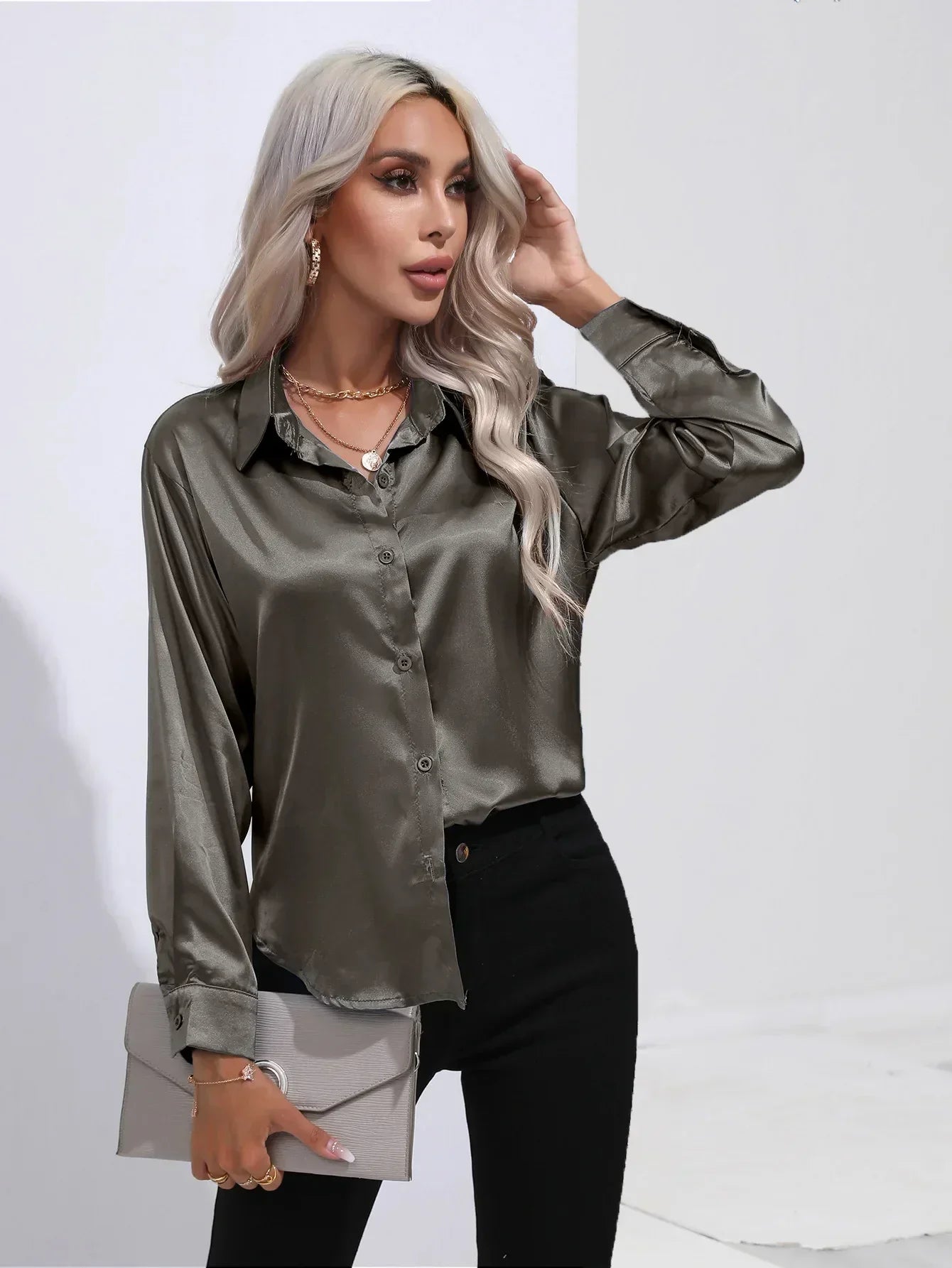 Women's Button-Down Satin Blouse - Long Sleeve V-Neck
