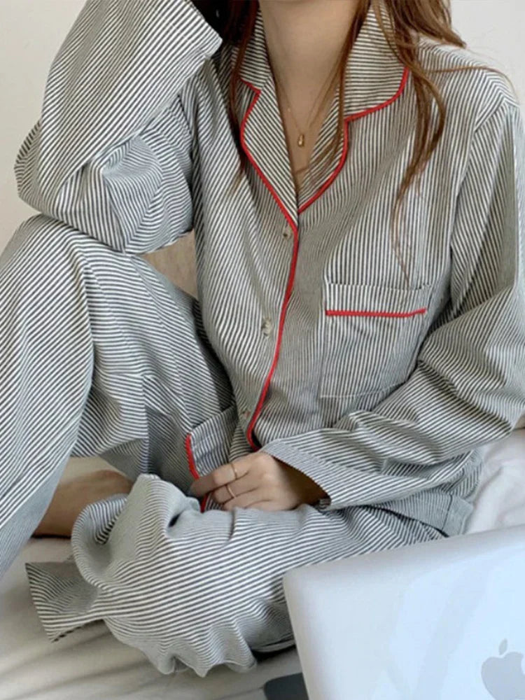 Women’s Striped 2-Piece Pajama Set with Button-Up Shirt and Trousers